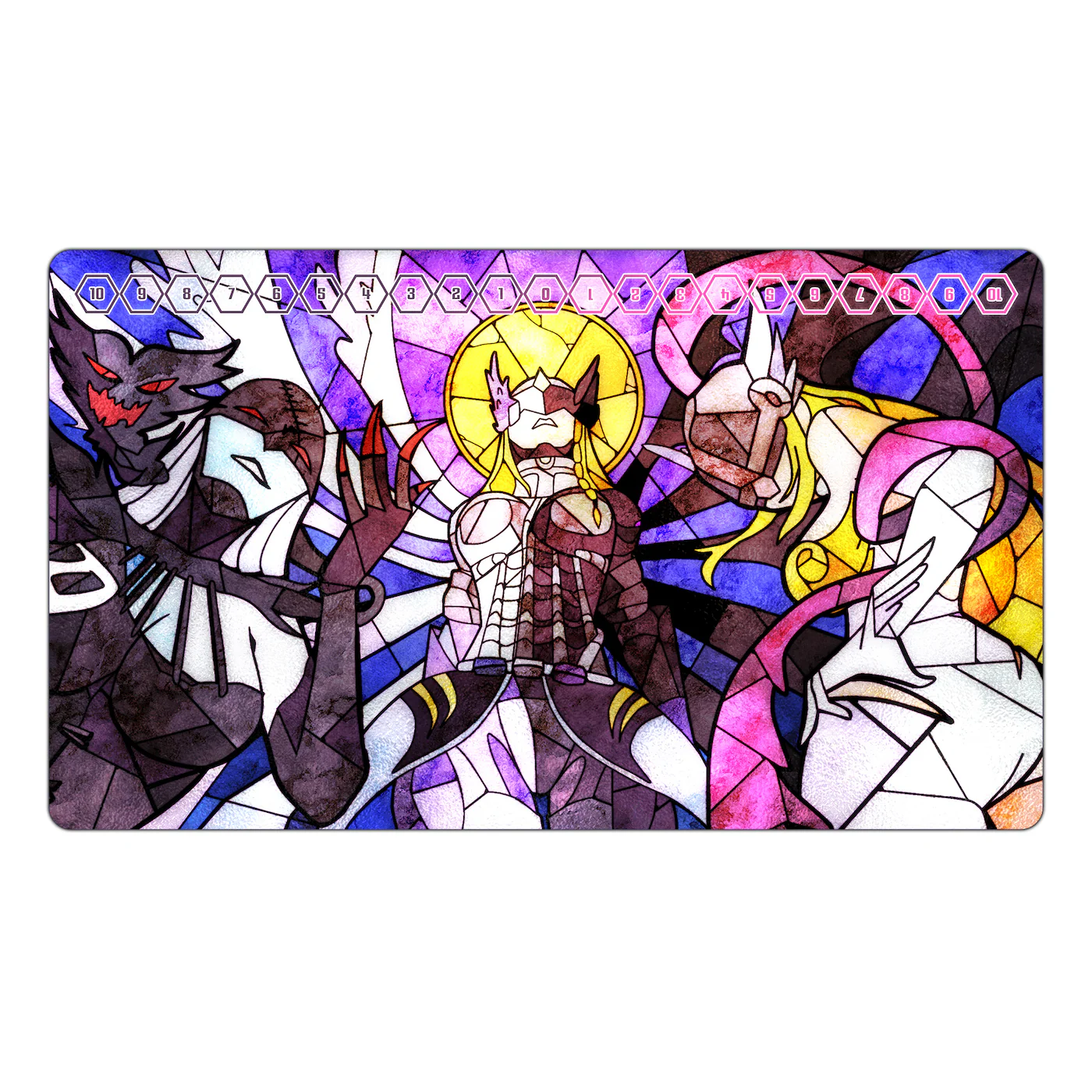 Mastemon, LadyDevimon, Angewomon Stained Glass Art TCG Playmat